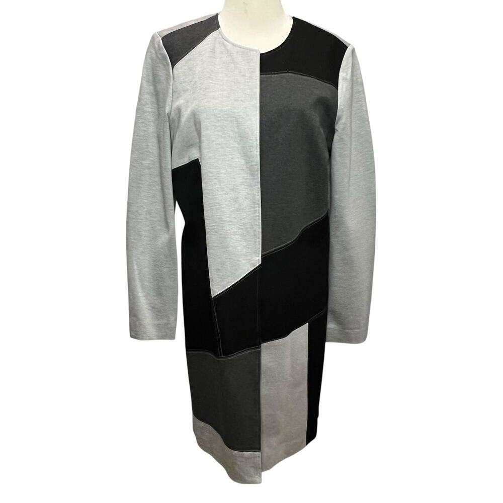 Joan Vass New York Statement Cardigan Duster‎ L Gray Black Colorblock Open Front